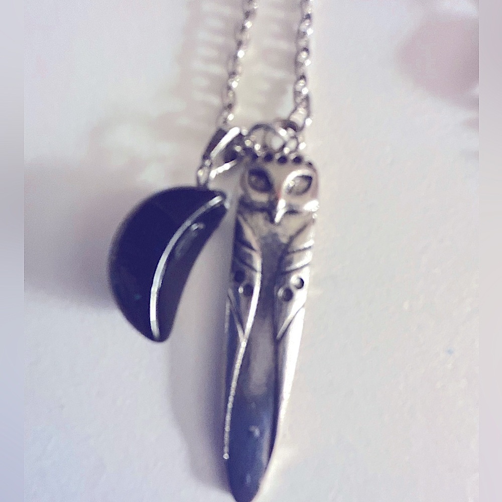 NWOT necklace Owl W moon, stars, Onyx stone crescent moon 1.5” silver chain 26”
